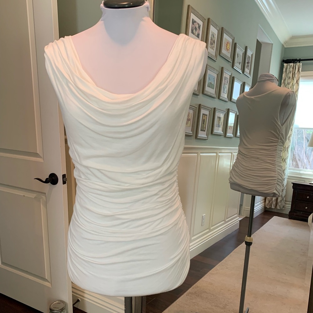 Super soft small “Me and Young” ruched white sleeveless top.